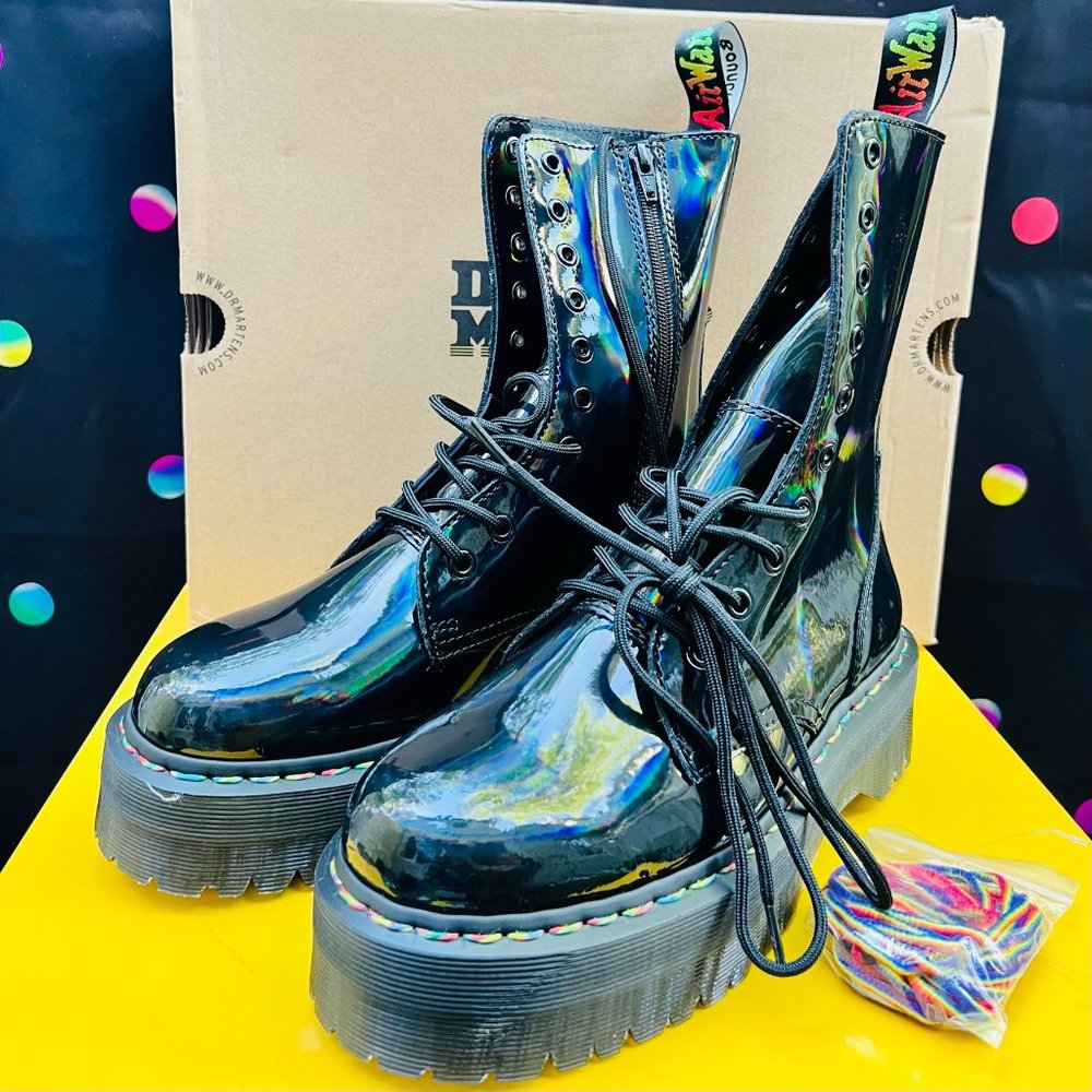 Dr. Martens Jadon Hi Rainbow Black Hologram Patent Boots